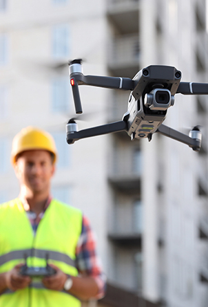 Construction-worker-flying-a-drone